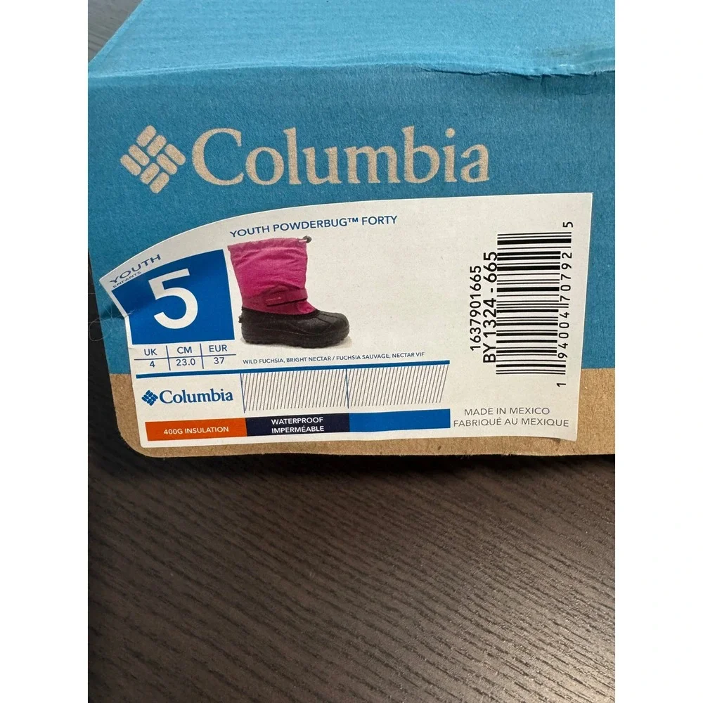 Columbia Youth Powderbug Forty Kids Size 5 Fuchsia 400g Insulated Snow Boots